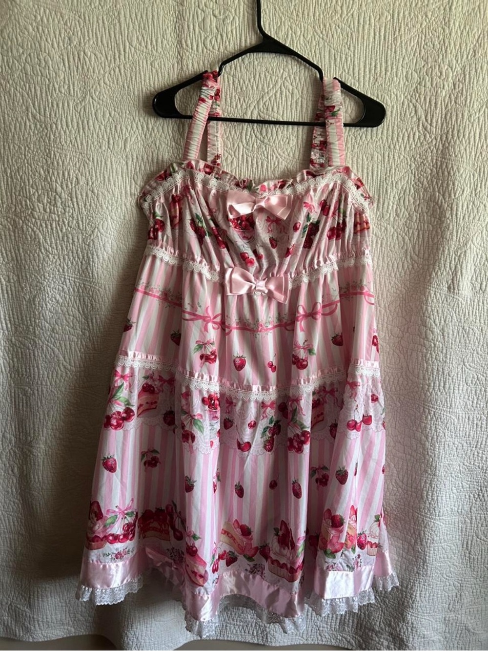 Pink Strawberry-Print Casual Sundress with Bow Details